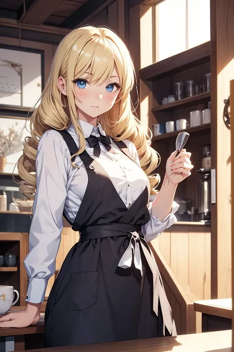 hd, Anime girl, clean and meticulous anime art, blonde hair, drill hair, himedere, princess, beautiful anime art style, cute anime girl portrait, light blue eyes, lovely art style, Soft anime illustration, waitress, thin waist, apron, long hair, upper body...