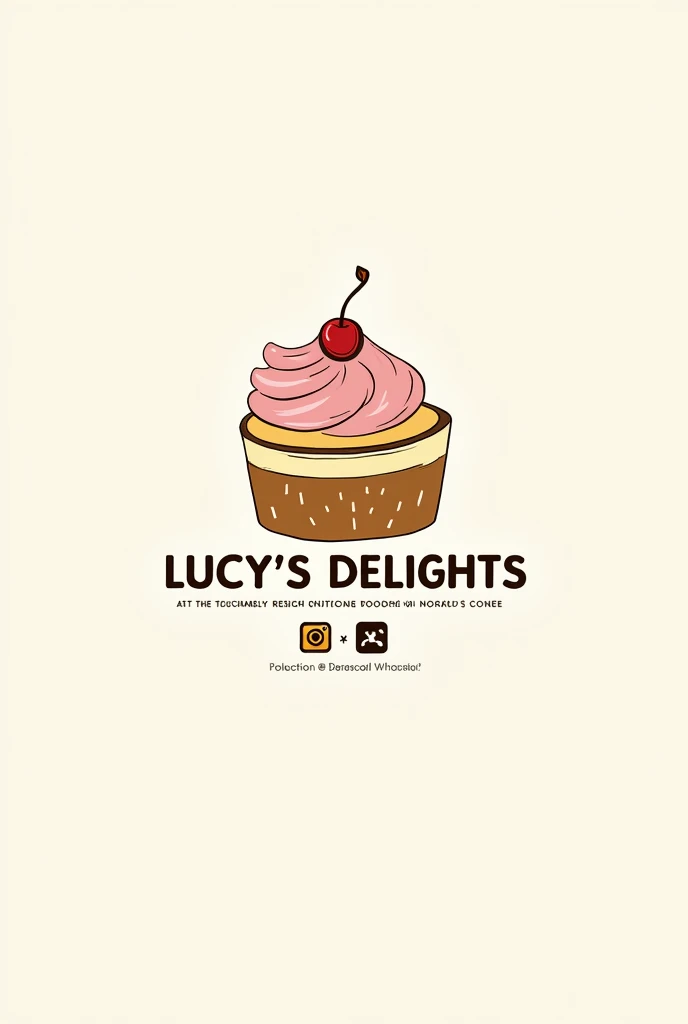 Logo for a brand called Lucy&#39;s Delights, in the shape of a cake with Instagram and WhatsApp information at the bottom and a drawing of a jar cake 

