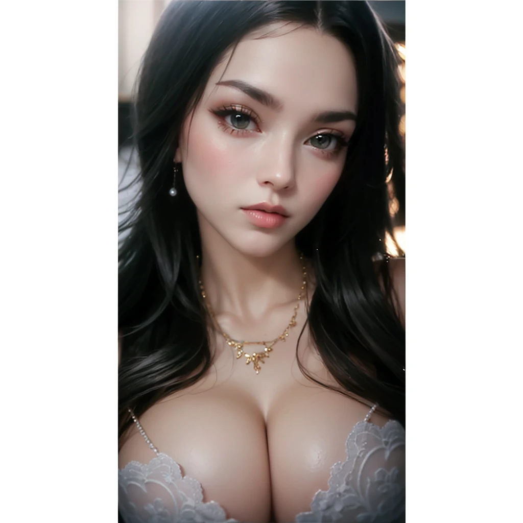 ultra detailed 8k cg, ultra realitsic, masterpiece, spotlight, royal palace, cinematic lighting, cinematic bloom, professional photography, absurdly long hair, very long hair, white hair, divine goddess, huge breasts, breasts out, queen, gorgeous female, l...