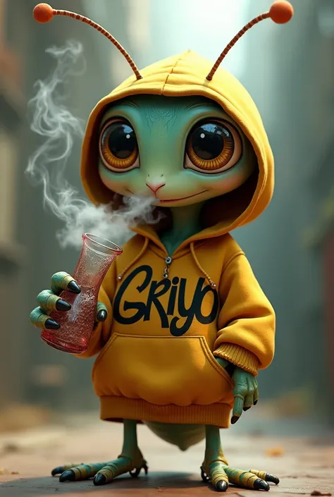 Create an animated cricket wearing a hoodie that says GRIYO in graffiti letters in the middle of the hoodie and smoking from a bong