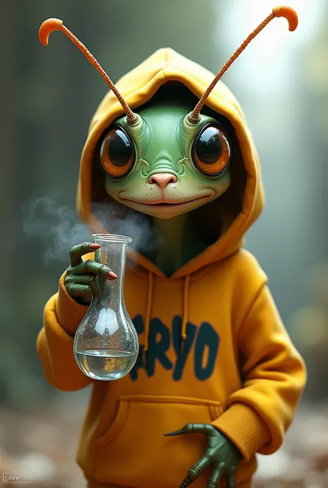 Create an animated cricket wearing a hoodie that says GRIYO in graffiti letters in the middle of the hoodie and smoking from a bong