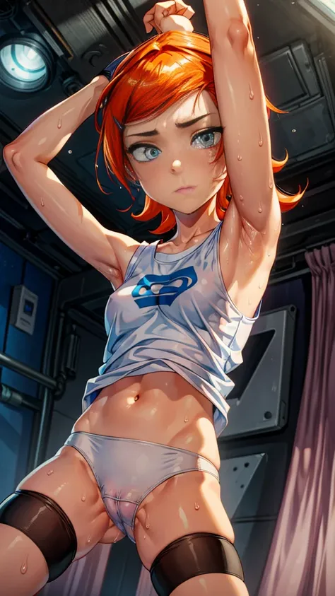 (masterpiece)(only one person) High quality 8K HD high resolution character, Gwen Tennyson age 14 , White sleeveless shirt with a V-shaped neckline and only blue panties underneath., medium breasts, covered in sweat, very hot , stage in a room, perfect fac...