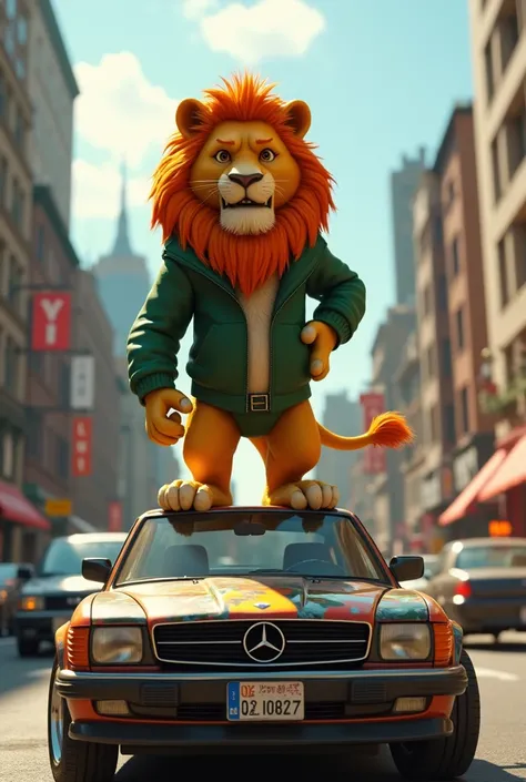 3D animated lion posing on top of a car in New York dressed in green with a hip hop style 