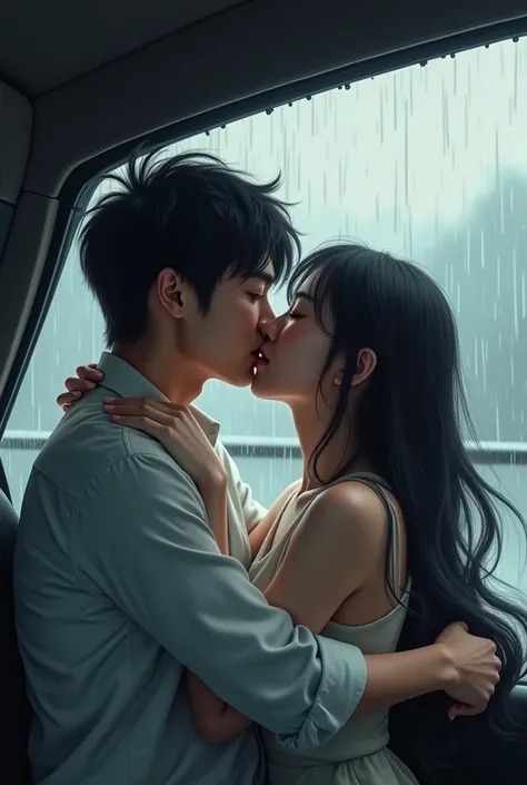 Japanese couple in their 20s, stick your head out the open window、Head facing backwards out the window & Man kissing his girlfriend、in the rain ( Girl&#39;s head & Her hair is hanging out the window)