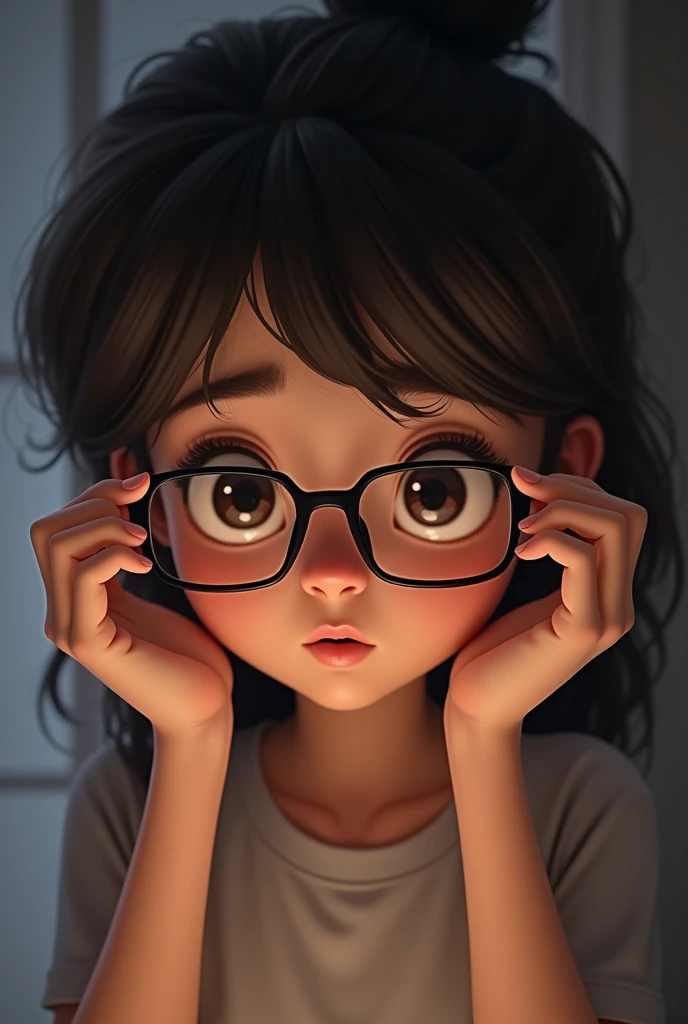 show a young person (can be male or female) looking at the mirror with a slightly worried expression. On the persons nose, the marks left by the glasses must be visible, highlighted in a subtle but noticeable way. The person is holding the glasses slightly...