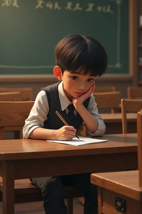 One boy writing note in bench in classroom 
