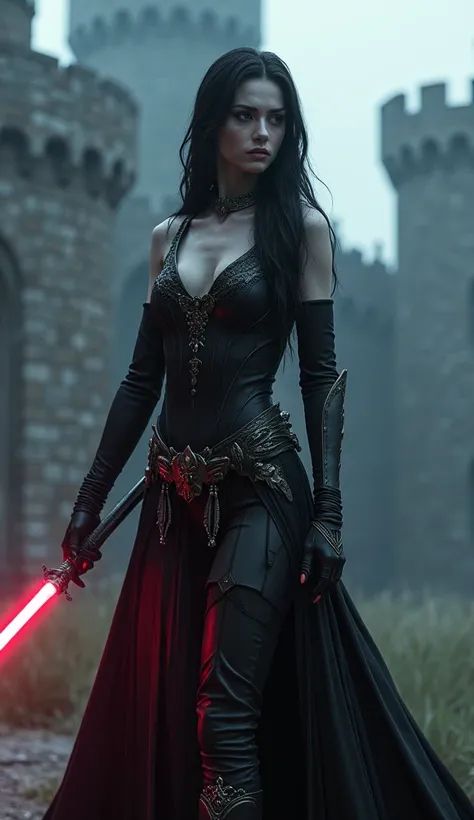 detailed dark elf woman, long elegant with a lightsaber medieval castle grounds, moody dramatic lighting, fantasy concept art, deep saturated colors, highly detailed, cinematic composition, photorealistic, 8k, (best quality,4k,8k,highres,masterpiece:1.2),u...