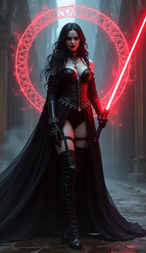  solo 1girl, a   tall emo super pale sithlord  with red lightsaber gothic angry woman in witch hat, black velvets, lace, fishnets and leather tinged with scarlet or purple, accessorized with tightly laced corsets, gloves, platform boots and silver jeweller...