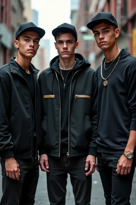 An image of a 3 young man, posing with an urban style and a black cap on his head 