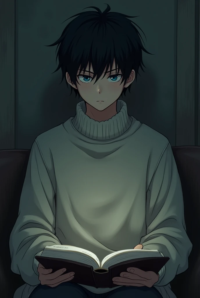 anime young man , black hair and blue eyes . Gamer. gloomy and neglected. covered by a sweater,put a book, look in fornt, and handsome 