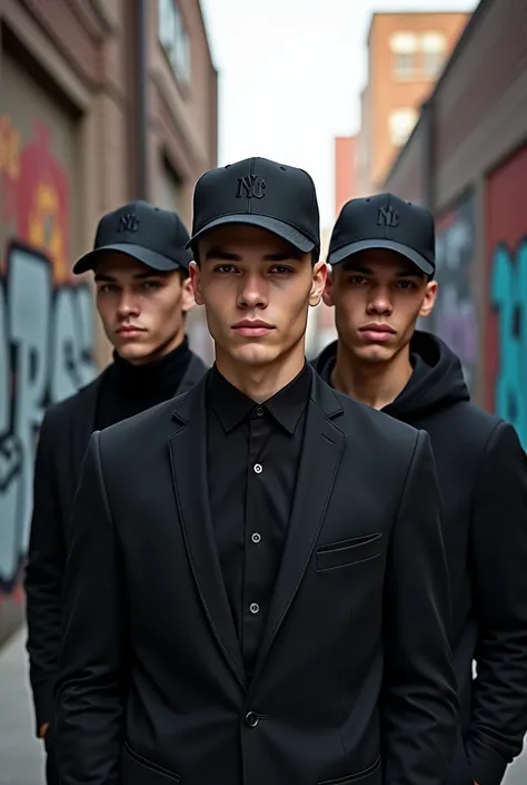 An image of a 3 young man, posing with an urban style and a black cap on his head. The protagonist of the photo must be the caps since it is a photo shoot for a cap brand. 