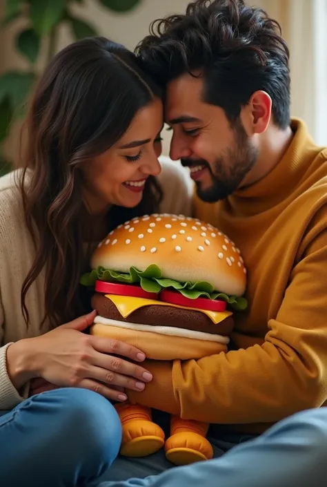 Latino parents both hugging a stuffed animal shaped like a hamburger