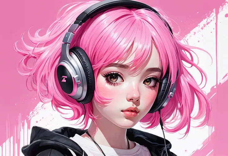 art girl with slanted eyes and pink hair and headphones, アニメ, all in shades of pink