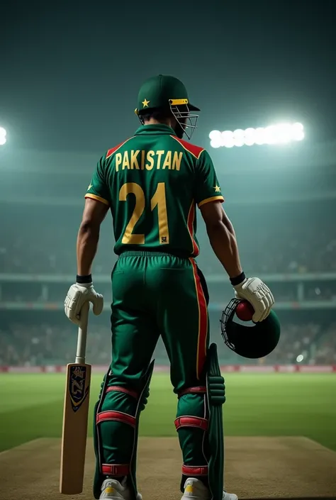 back shoot of a man he wear a pakistan cricket team kit background cricket stadium dark theme and distance between almost 20mm camera lens