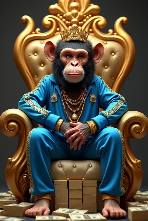 A brown monkey wearing a blue track suit and gold accessories and sitting on a throne of cash 