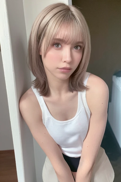 1girl, beautiful woman tank top jacket、Pink Panties, skinny, perfect body, defined abs, gold hair, standing in a white wall photography studio,  ultra-detailed face, beautiful eyes, beautiful lips, double eyelids, shy smile, trimmed bangs, sun-kissed skin,...