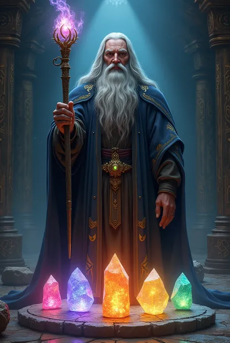 A wizard and 7 colored stones and a magic wand 