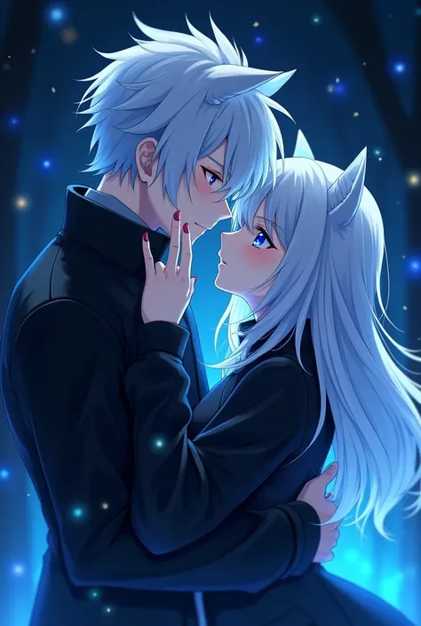 Anime boy put hand on anime girl anime girl face has some jealousy their clothes are back and some glowing Blue effect background are same like their clothes they looked little bit of dark both looking at me hugging each other make their clothes black jack...