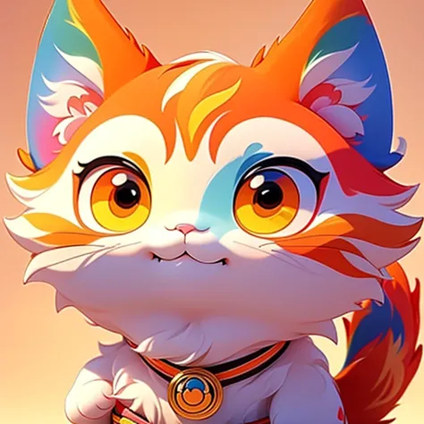 (High quality, detailed, popular, trendy) A cat, in chibi style, with vibrant colors, a rainbow, a smiling face, eyes, nose, and mouth resembling those of a Korean idol, fluffy fur, with a touch of traditional Japanese style, and a plain orange background.