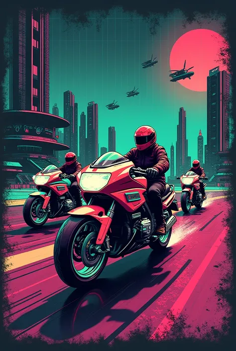 "A retro t-shirt design featuring 80s shopper motorbikes driving through a futuristic landscape. The design uses neon colors like pink, Green and teal, with a grid background and a worn texture."