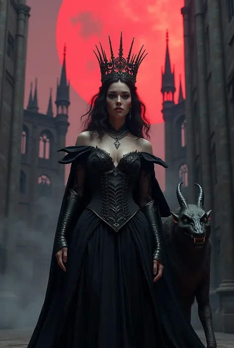 The image features a stunningly detailed 8k RTX photorealistic cinematic shot of a beautiful, voluptuous queen of the Gothics standing proudly in front of a high Gothic cathedral. By her side, a menacing gargoyle looms, adding to the dark and mysterious at...