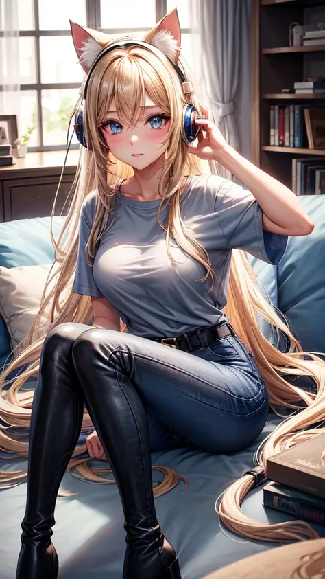 Long Hair, Looking at viewer, Breasts, High Resolution, Blue eyes, Blonde Hair, Cat Ear Headphones, Blush, Makeup, living room, grey t shirt, blue jeans, high heeled leather boots 