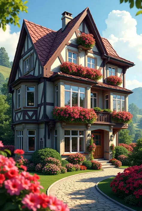 House with large windows with many geranium flowers in Europe 3D