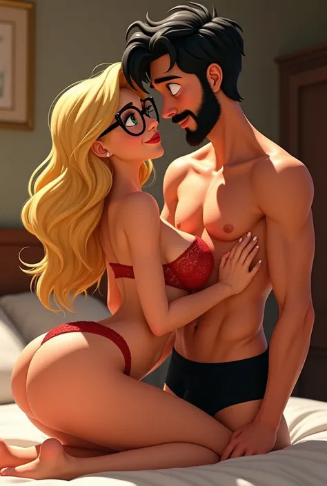 
create disney pixar cartoon style image of a blonde lying in bed,and he admired her standing beside the bed , she in red thong panties with her big breasts on display,hair blonde, green eyes and black glasses,she with beautiful body,  he&#39;s shirtless, ...