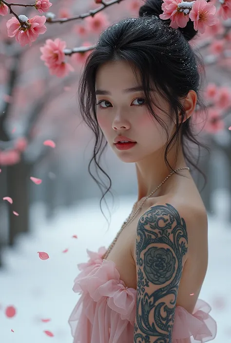 Tattoo girl with sakura in winter