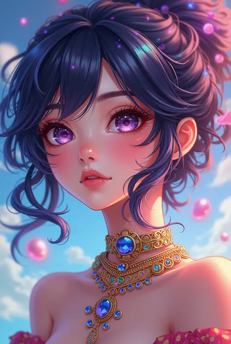 Close-up of a woman with showy hair and necklace, anime girl with cosmic hair, The gentle vitality of Rossdraws, Guvez style artwork, fantasy art style, showy], vibrant fantasy style, Rossdraws cartoon full of vitality., cosmic and showy, guweiz, showy dig...