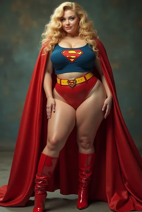 A SEXY BUSTY BLONDE TEEN FEMALE WITH BLUE EYES WEARING A 1970 SPLIT OPEN V BUTTONLESS FULL LENGTH BLUE V BLOUSE WITH A "S" EMBLEM ON THE RIGHT SIDE OF HER CHEST, A PAIR OF RED LEATHER SHORTS WITH A YELLOW SUPERMAN BELT, TALL RED HEELED BOOTS, AND A LONG FL...