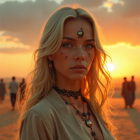 a 30 year old blonde woman; chatain fort portrine, with three eyes, in desert, with people walking around, sunset