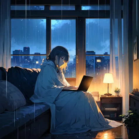 The scene is set in a small, warmly lit room on a rainy day, with raindrops tapping softly against the window. A person is comfortably seated under a blanket, with a laptop on their lap, watching anime. The room is softly illuminated by a warm lamp, and th...