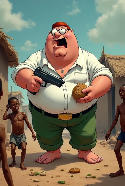 Peter Griffin stealing food with a gun from a hungry and dying African village