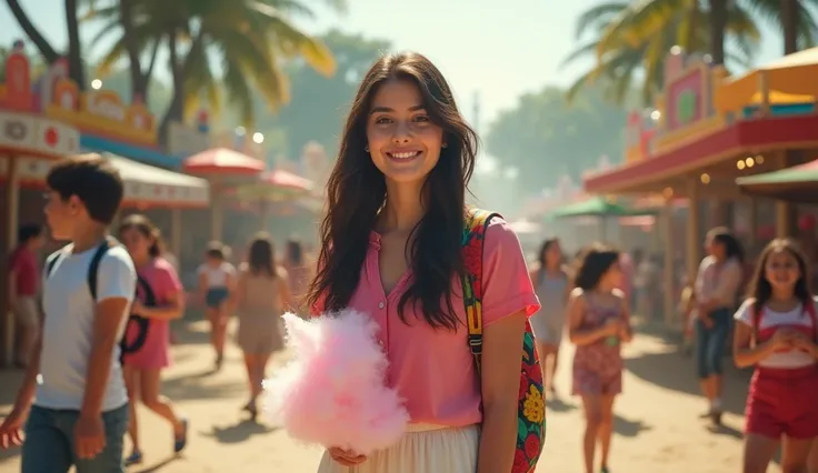 isabelle fuhrman film actress, young woman with long, dark hair, dressed in a pink blouse and a white skirt, with a colorful backpack, at an amusement park with many children playing around her, cheerful face while holding a cotton candy, trees and attract...