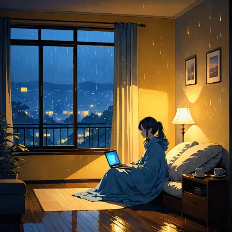 The scene is set in a small, warmly lit room on a rainy day, with raindrops tapping softly against the window. A person is comfortably seated under a blanket, with a laptop on their lap, watching anime. The room is softly illuminated by a warm lamp, and th...