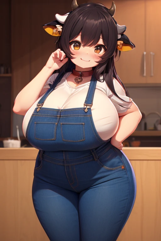 plump, big breasts, black hair, brown eyes, chubby, smile, (cow girl kemonomimi: 1.5), blue jeans overalls, longer hair, anime, ...