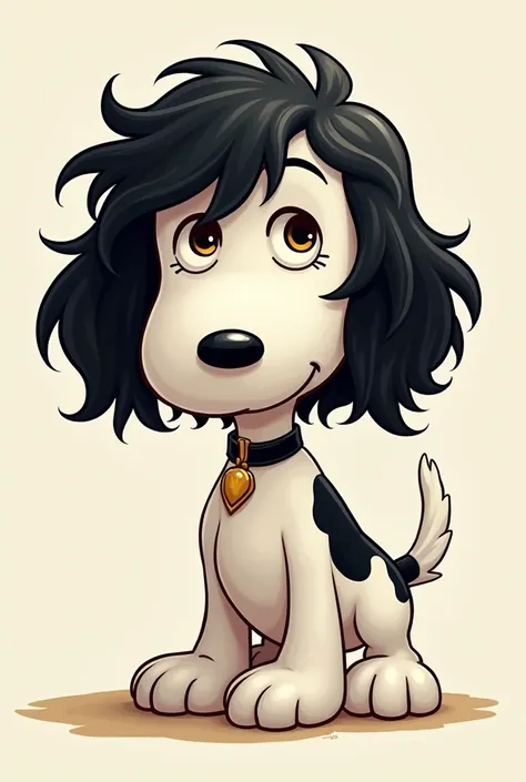 Generate an image of Snoopy with wavy hair black wavy hair that is medium long to look a little more masculine 