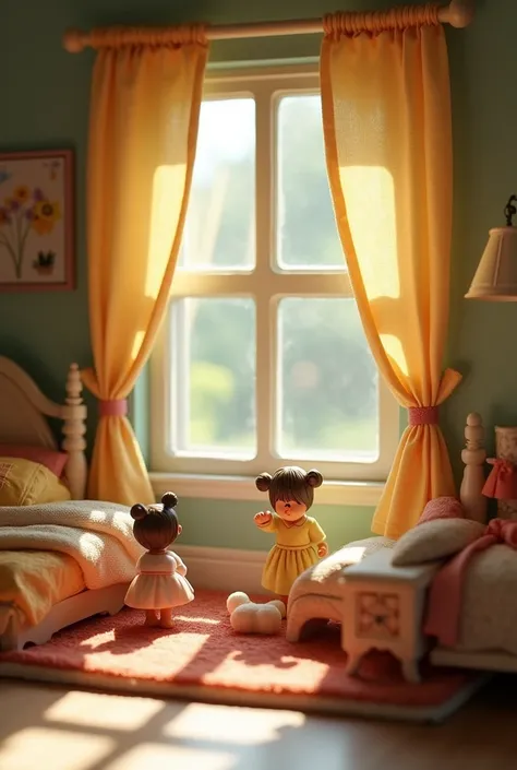 A beautiful little toy bedroom with little toy curtain 