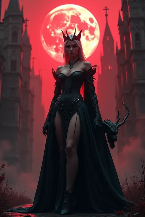 The image features a stunningly detailed 8k RTX photorealistic cinematic shot of a beautiful, voluptuous queen of the Gothics standing proudly in front of a high Gothic cathedral. By her side, a menacing gargoyle looms, adding to the dark and mysterious at...