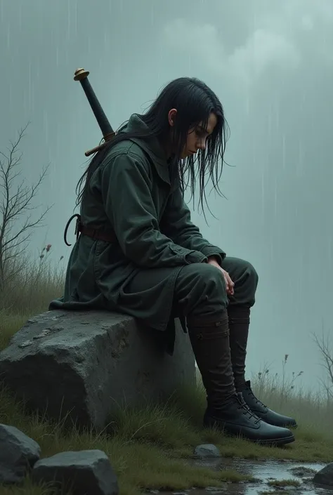 A long-haired boy soldier is sitting on a stone, regreting after killing many people with his sword.rainy weather 