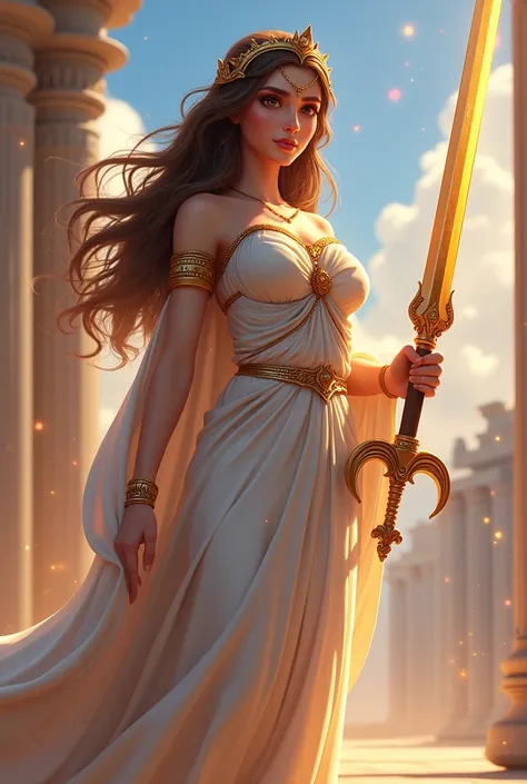 Goddess hestia Holding a sword facing the right side animated