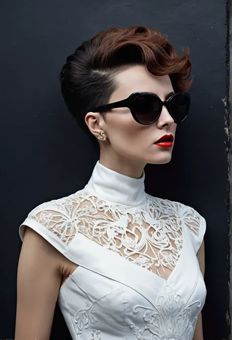 Front profile half-length photograph, in front of a black wall, a 80s British punk model with a 50s haircut, wearing a white high-necked dress and large sunglasses, 80 degree view, art by Sergio López, Natalie Shau, James Jean and Salvador Dalí., trending ...