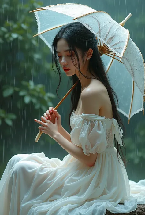 arafed girl in a white dress sitting on the ground with an umbrella, a photorealistic painting by Raymond Han, tumblr, fantasy art, rainy wet, wet from rain, dripping wet, rainy outside, under rain, in the rain, just after rain, raining outside, sexy girl,...