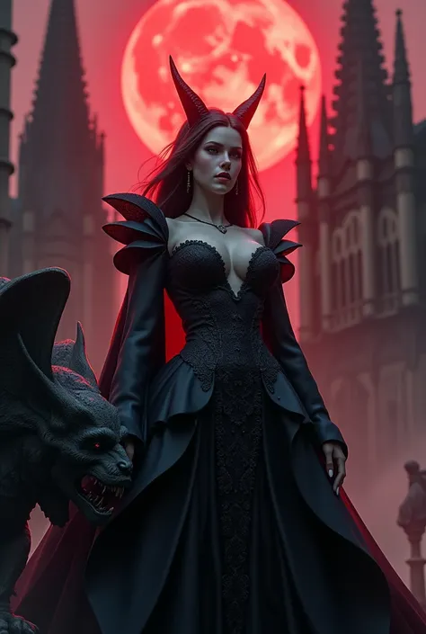 The image features a stunningly detailed 8k RTX photorealistic cinematic shot of a beautiful, voluptuous queen of the Gothics standing proudly in front of a high Gothic cathedral. By her side, a menacing gargoyle looms, adding to the dark and mysterious at...