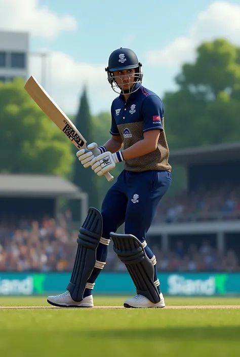 A cricket player wearing Scotland t20 jearsy of 2024 standing in cricket ground with bat