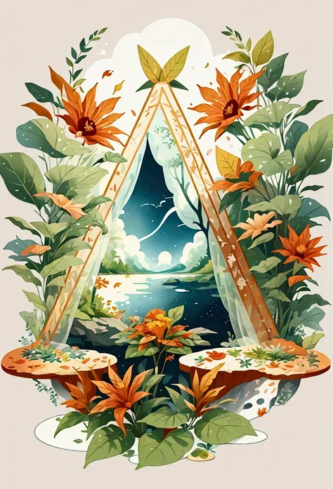 A nature scene, solorful petals and leaves all over the place, cross-stitch pattern, flat sticker design
