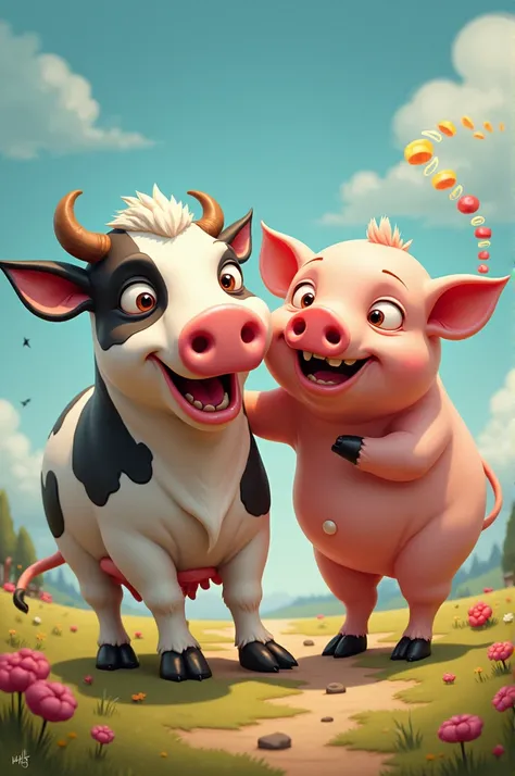 Generate a funny image of a cow and a pig combining something.