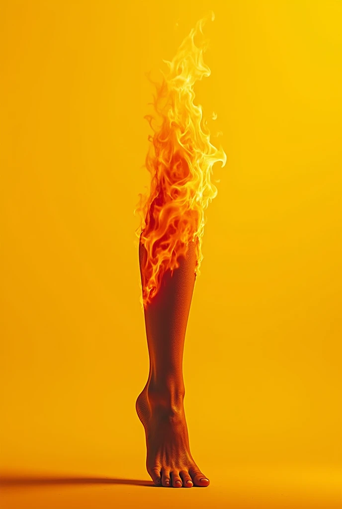 Make a written logo "cinnamon fire" with shades of yellow, with a LEG without a shoe on fire, with yellow background