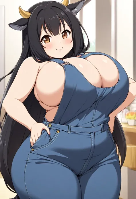 Plump, big breasts, black hair, brown eyes, chubby, smile, (cow girl Kemonomimi: 1.5), blue jeans overalls, longer hair, anime